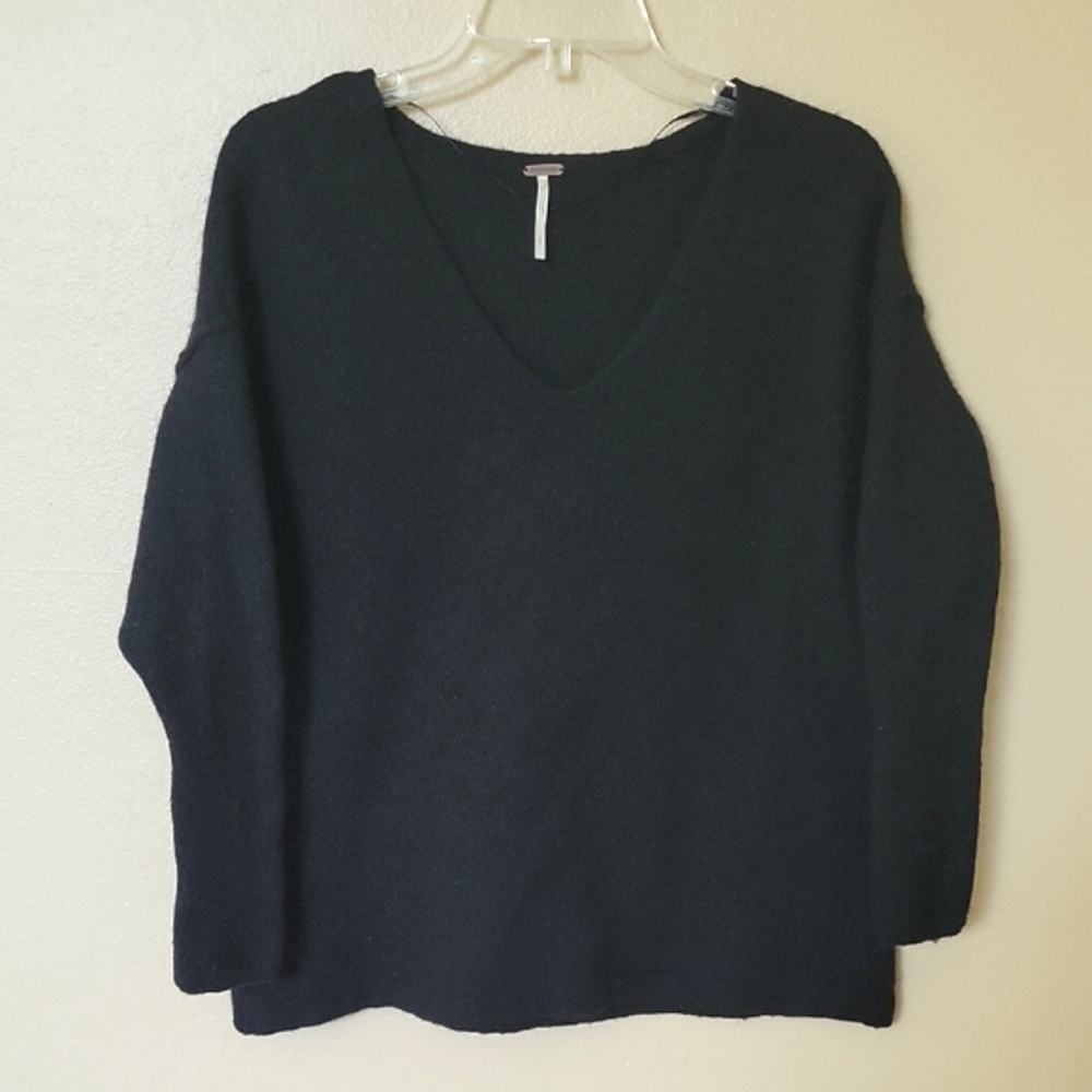 Free People Womens Softly Vee Black Wool Yak Blend V-Neck Sweater - Size Small